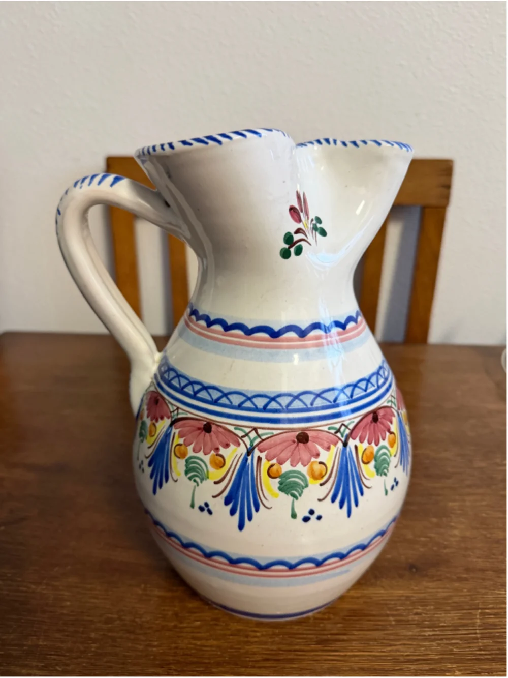 Vintage A H Puente Hand Painted Spanish Pottery Pitcher Floral Ceramic Jug Signe